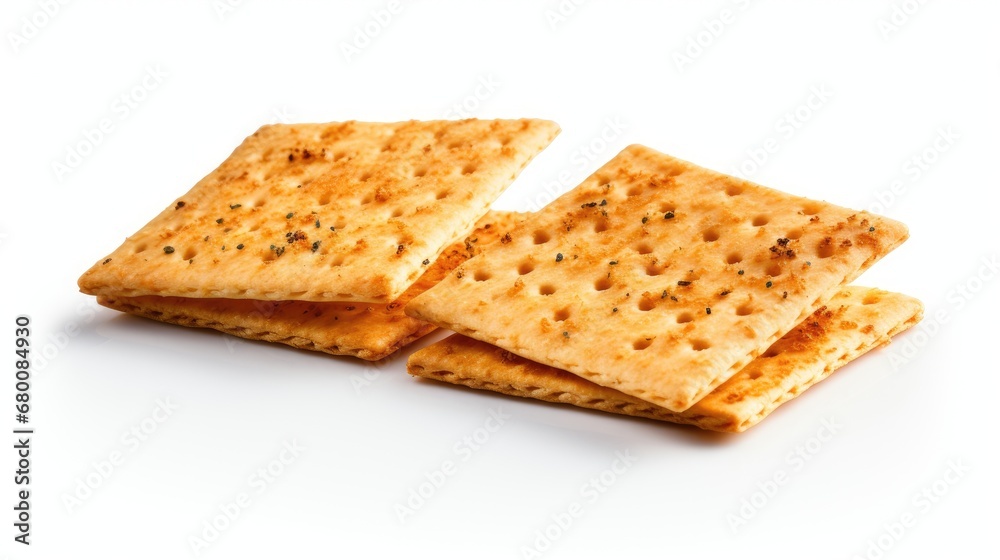 Crispy delight: Two sides of a delicious square cracker isolated on a white background, capturing the crunchy texture and savory appeal. Crispy delight: Two sides of a delicious square cracker isolated on a white background, capturing the crunchy texture and savory appeal.