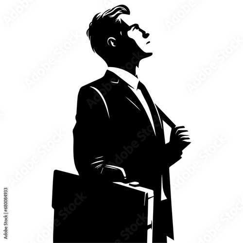 A Business Man looks up on the sky, vector silhouette, black color, white background