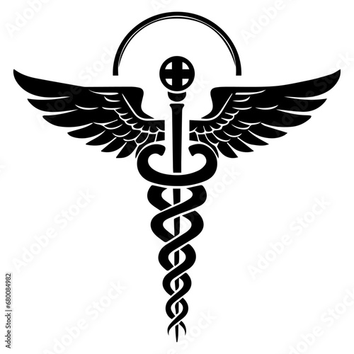 Caduceus health symbol Asclepius's Wand icon black color, silhouette, vector, illustration