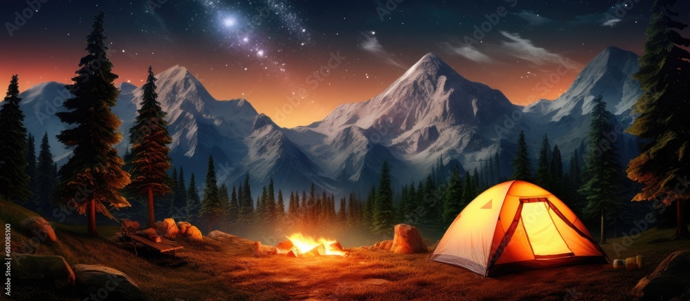 Night camping with a panoramic view in a valley full of large pine trees featuring a burning campfire an illuminated tourist tent and a bright starry sky with the Milky Way Copy space image Pla Night camping with a panoramic view in a valley full of large pine trees featuring a burning campfire an illuminated tourist tent and a bright starry sky with the Milky Way Copy space image Pla
