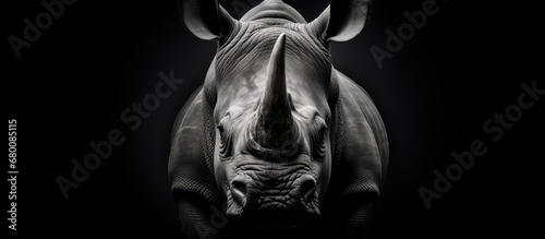 Monochrome South African fine art portrait black and white rhino Ceratotherium simum Copy space image Place for adding text or design