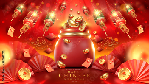 Chinese new year background with 3d realistic ornaments and red money bag elements and coin, gold ingot, lantern, envelope with glitter light effect decoration and bokeh.