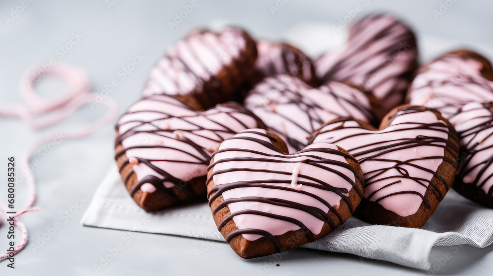 Close-up of chocolate heart cookies with chocolate drizzle on a cooling rack. Delicious shortbread cookies with pink icing, baking for valentines day, romantic dessert. Close-up of chocolate heart cookies with chocolate drizzle on a cooling rack. Delicious shortbread cookies with pink icing, baking for valentines day, romantic dessert.