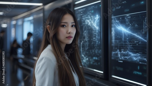 Young Asian woman with wonder, curiosity, looking at holographic digital display, futuristic technology, innovation