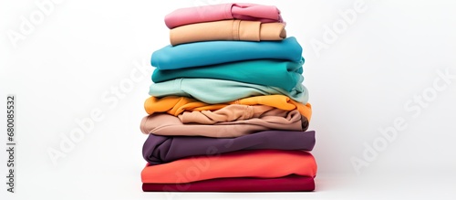 Neatly folded assortment of pastel shirts and sweaters on white background Copy space image Place for adding text or design