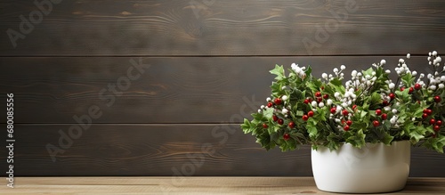 Mistletoe and branches on a wooden surface Copy space image Place for adding text or design