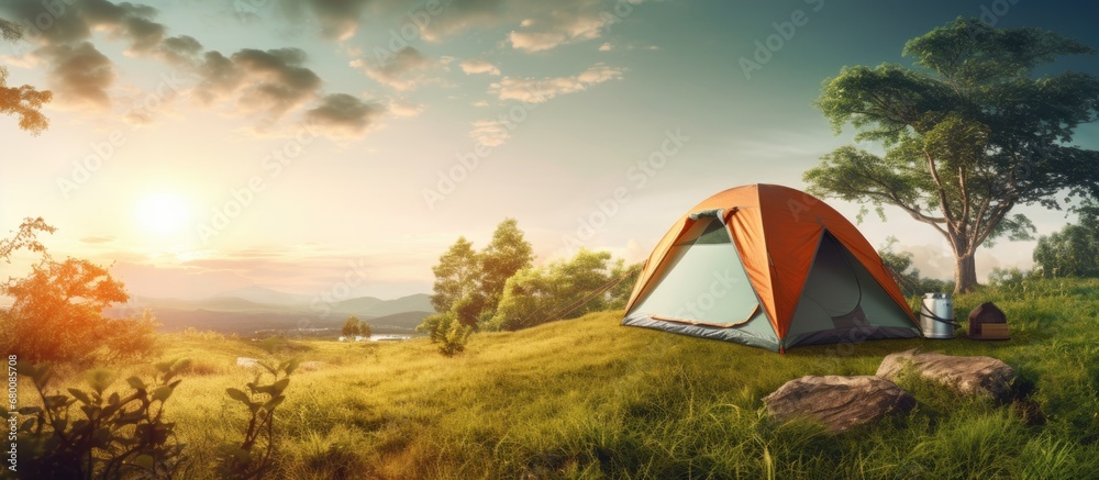 Nature park exploration with camping and tent experiencing outdoor adventure during vacation Copy space image Place for adding text or design