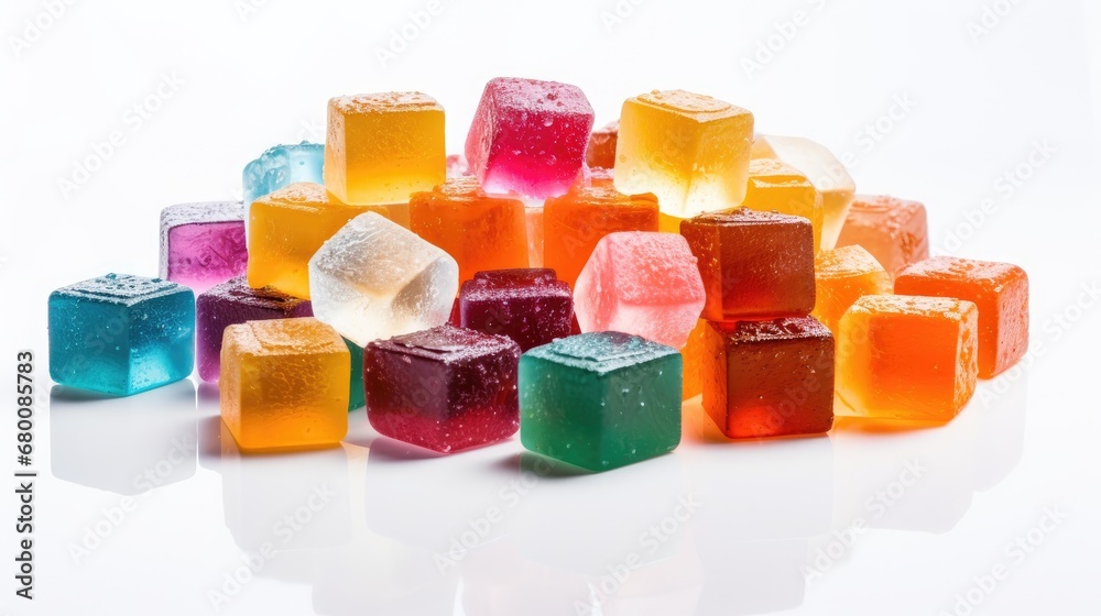 Sugary feast: A tempting display of marmalade cubes in a burst of colors, isolated on white. Sugary feast: A tempting display of marmalade cubes in a burst of colors, isolated on white.