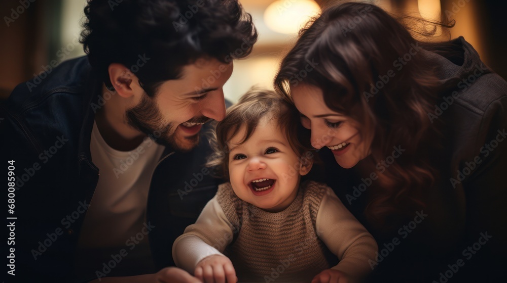 The parents and the little one spend time together joyfully in a warm, bonded, and loving family with understanding.