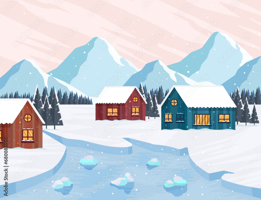 houses lined up beautiful view in snowy winter for vector background