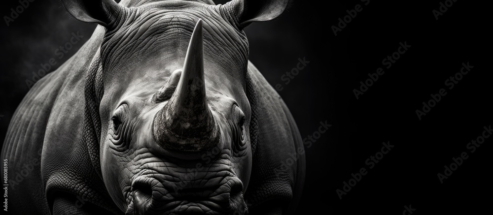 Monochrome South African fine art portrait black and white rhino Ceratotherium simum Copy space image Place for adding text or design - obrazy, fototapety, plakaty 
