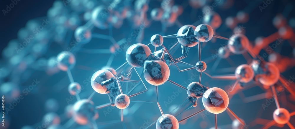 Molecule 3D illustration Laboratory experiments and research Nanostructures in high tech areas of cell technology Medical developments Crystal lattice under a microscope Cell therapy Copy space Molecule 3D illustration Laboratory experiments and research Nanostructures in high tech areas of cell technology Medical developments Crystal lattice under a microscope Cell therapy Copy space