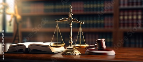Legal concept illustration of Justice Scales and law books on a desk Copy space image Place for adding text or design photo
