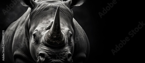 Monochrome South African fine art portrait black and white rhino Ceratotherium simum Copy space image Place for adding text or design photo