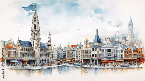 Drawing of Brussels with landmark and popular for tourist attractions