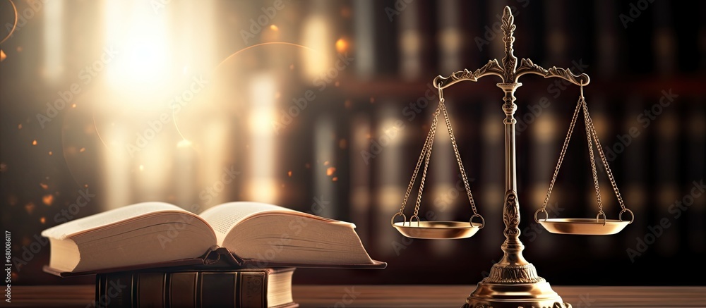 Legal concept image with backlit scales of justice and row of law books Hazy lighting is suitable for text copy Copy space image Place for adding text or design - obrazy, fototapety, plakaty 