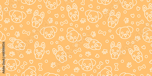 dog seamless pattern with footprint, paw, hearts, bones, balls, stars, pet shop, prints, social media posts, animal product design, hand drawn, kawaii doodle style, vector illustration