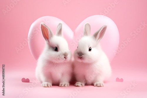 Two cute rabbits on a pink background. Valentine's Day greeting card template. Generate Ai. © Elena