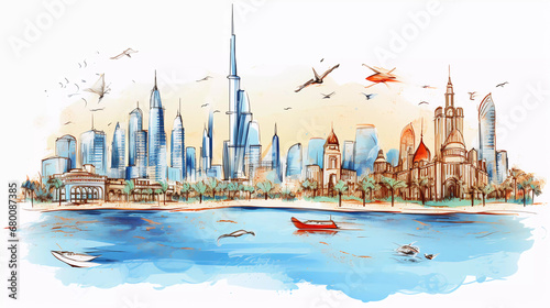 Drawing of Dubai with landmark and popular for tourist attractions