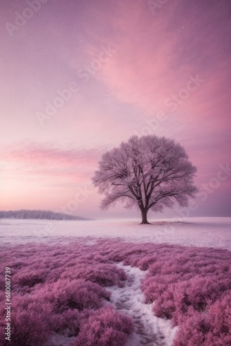 Abstract pink winter nature with a path, trees and sky.