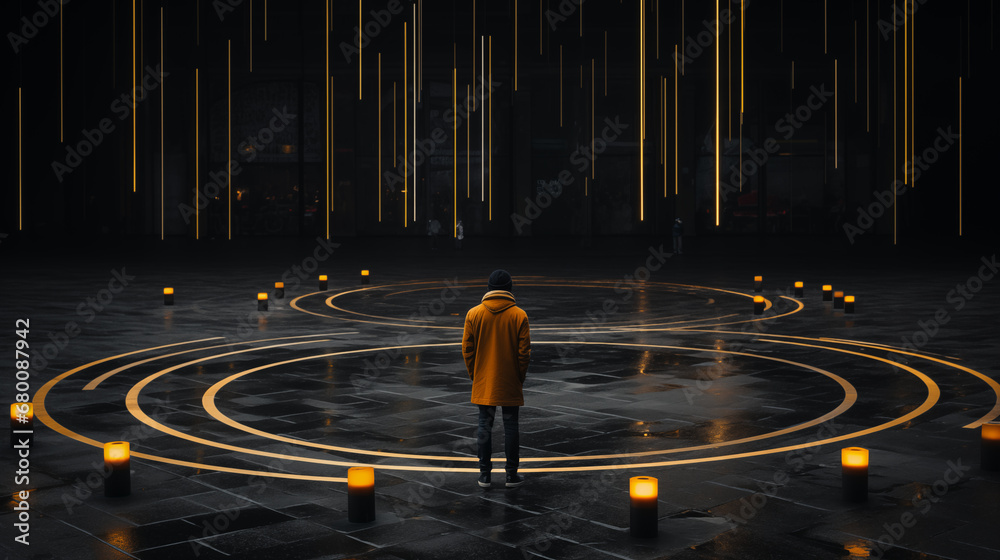 man in the circle of the candles - obrazy, fototapety, plakaty 