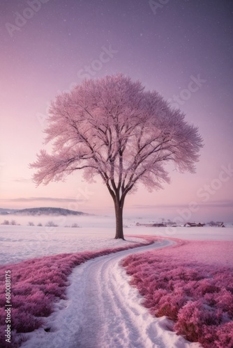 Abstract pink winter nature with a path, trees and sky in the evening.
