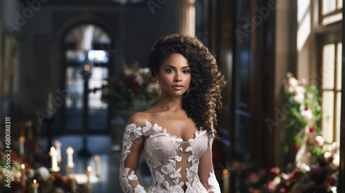 beautiful black bride posing with white wedding gown portrait elegant luxurious dress bridal  photo
