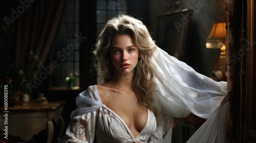 bride posing with white wedding gown portrait elegant luxurious dress bridal blonde © Gustavo