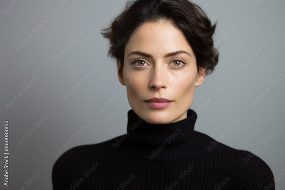 Portrait of a content woman in her 30s wearing a classic turtleneck sweater against a white background. AI Generation