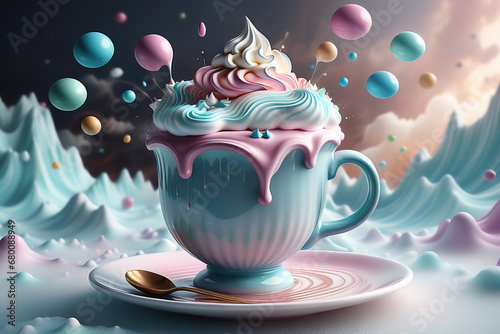 A cup of coffee with whipped cream on top, marshmallow clouds and treats next to it. Beautiful fantasy food composition in pastel colors.