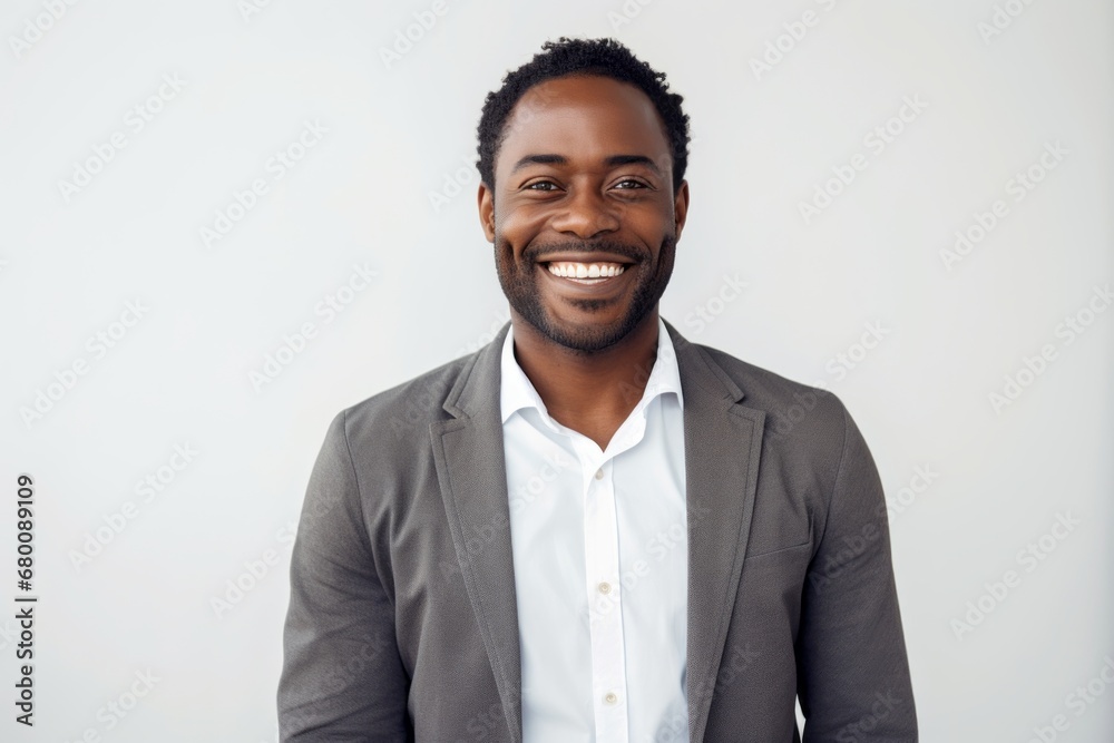 Portrait of a happy man in his 30s wearing a chic cardigan against a white background. AI Generation Portrait of a happy man in his 30s wearing a chic cardigan against a white background. AI Generation