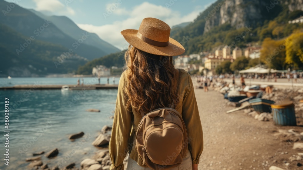 YOUNG WOMAN WITH HAT ENJOYS VACATION IN A CITY ON SEA