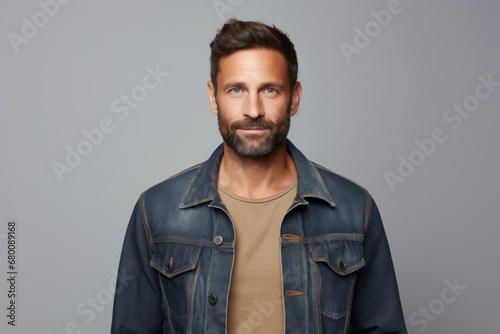 Portrait of a glad man in his 30s sporting a rugged denim jacket against a white background. AI Generation