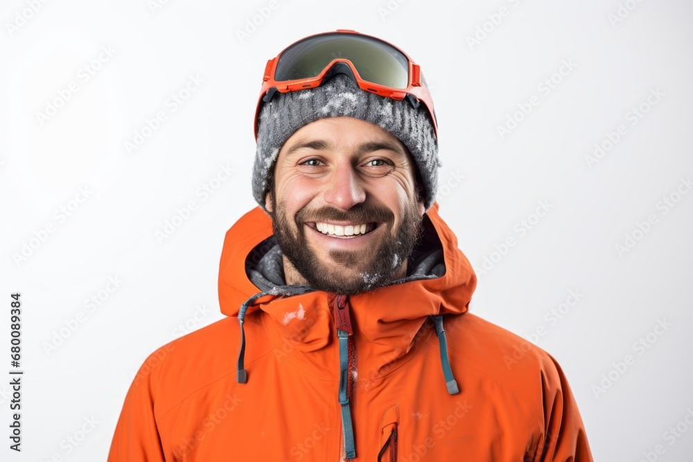 Portrait of a happy man in his 30s dressed in a warm ski hat against a white background. AI Generation Portrait of a happy man in his 30s dressed in a warm ski hat against a white background. AI Generation
