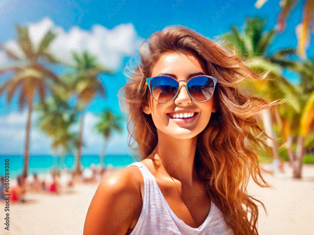 summer holidays, vacation, travel and people concept - smiling young woman in sunglasses over tropical beach background.IA generativa