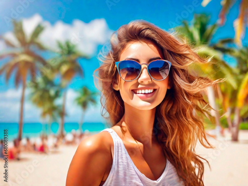 summer holidays, vacation, travel and people concept - smiling young woman in sunglasses over tropical beach background.IA generativa © ismael