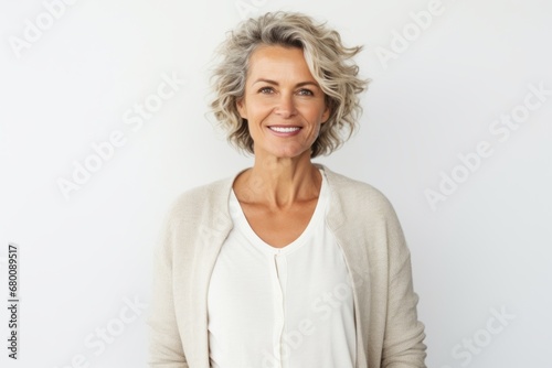 Portrait of a satisfied woman in her 40s wearing a chic cardigan against a white background. AI Generation photo