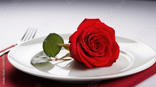 Culinary romance: A red rose delicately placed on a white plate, creating an elegant Valentine's Day image. Perfect for conveying the essence of love through a beautifully plated culinary creation.