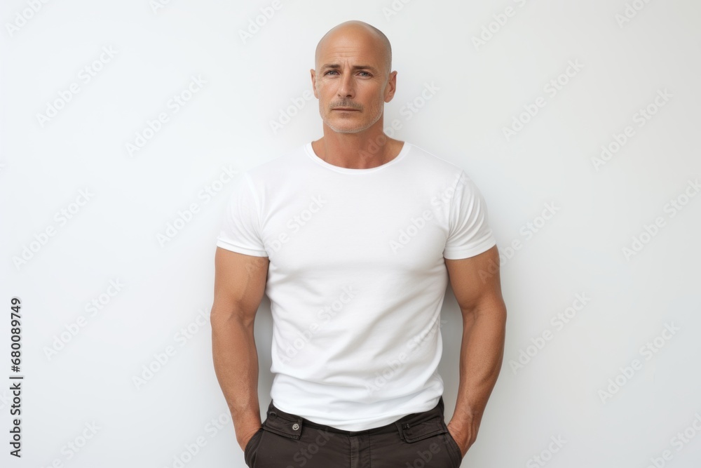 Portrait of a content man in his 40s donning a trendy cropped top against a white background. AI Generation Portrait of a content man in his 40s donning a trendy cropped top against a white background. AI Generation