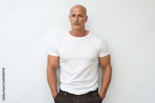 Portrait of a content man in his 40s donning a trendy cropped top against a white background. AI Generation