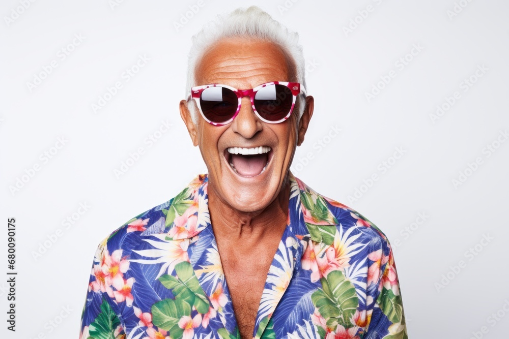 Portrait of a grinning man in his 60s wearing a trendy sunglasses against a white background. AI Generation