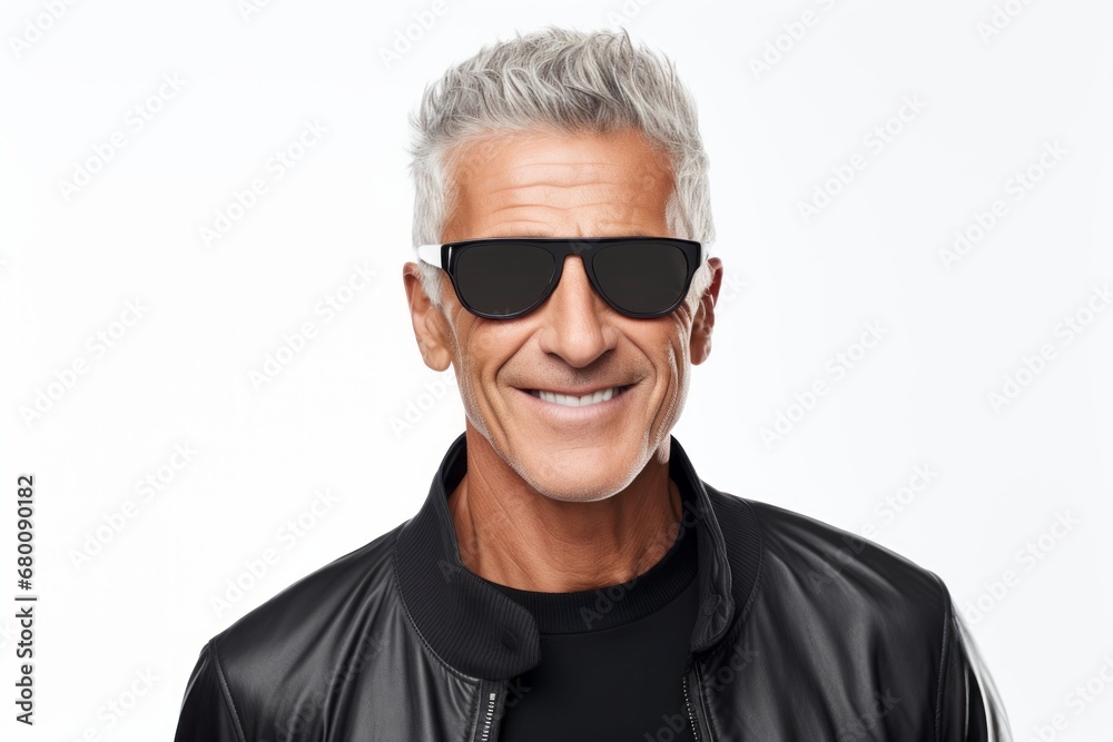 Portrait of a grinning man in his 60s wearing a trendy sunglasses against a white background. AI Generation Portrait of a grinning man in his 60s wearing a trendy sunglasses against a white background. AI Generation