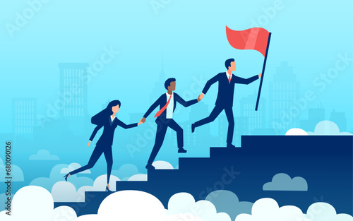 Team work success concept. Vector of a group of business people climbing up staircase with raised flag.