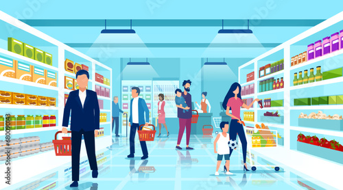 Vector of a group of people shopping at the supermarket, choosing food products on shelves