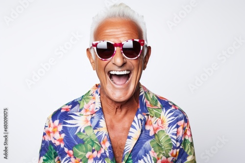 Portrait of a grinning man in his 60s wearing a trendy sunglasses against a white background. AI Generation