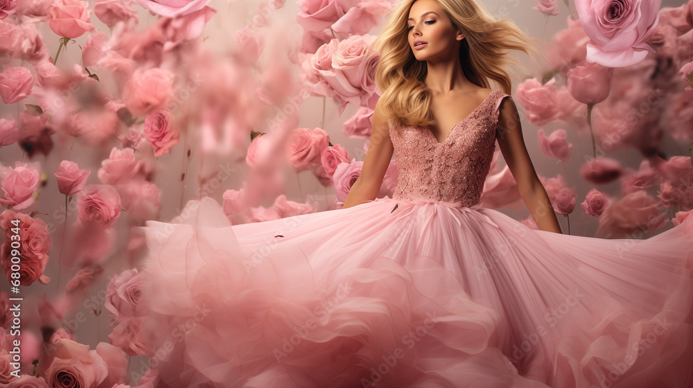 Model in pink dress on flowers background, banner, copy space. Portrait of a happy beautiful blond woman in beautiful dress having a party while standing under flowers rain background.