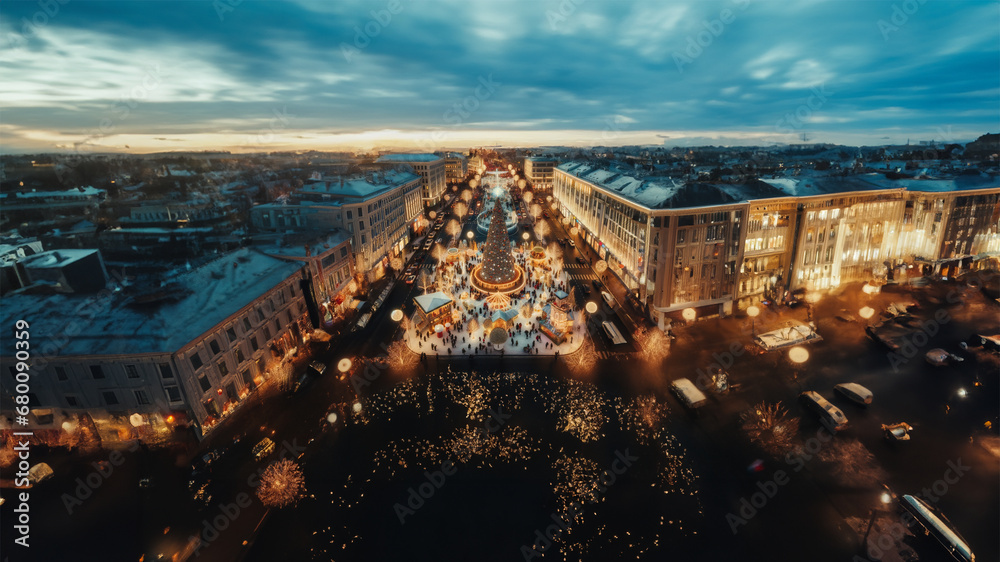 The image generated depicts a drone shot of a Christmas celebration in an urban setting. It shows streets adorned with festive lights, a large Christmas tree, and people enjoying the holiday.