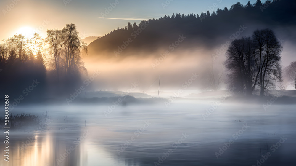Serenity at Sunrise: Misty River Landscape with Forest Silhouette