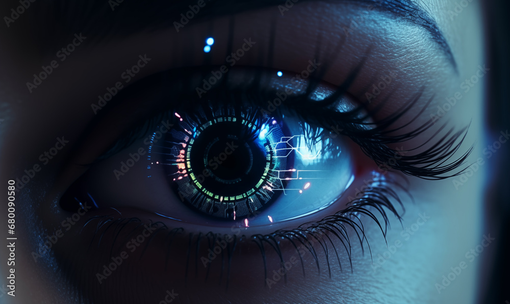 Close-up of female eye with glowing iris. 3D rendering.
