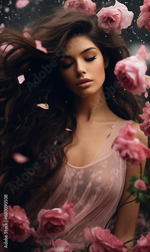 Model in pink dress on flowers background, banner, copy space. Portrait of a happy beautiful woman in beautiful dress having a party while standing under flowers rain background.